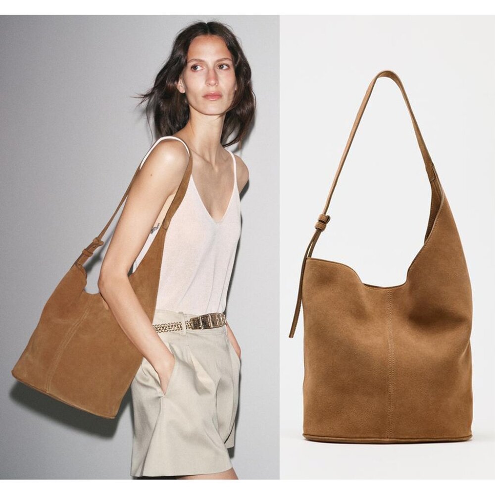 NEW ZARA asymmetric soft split leather bucket bag 6101